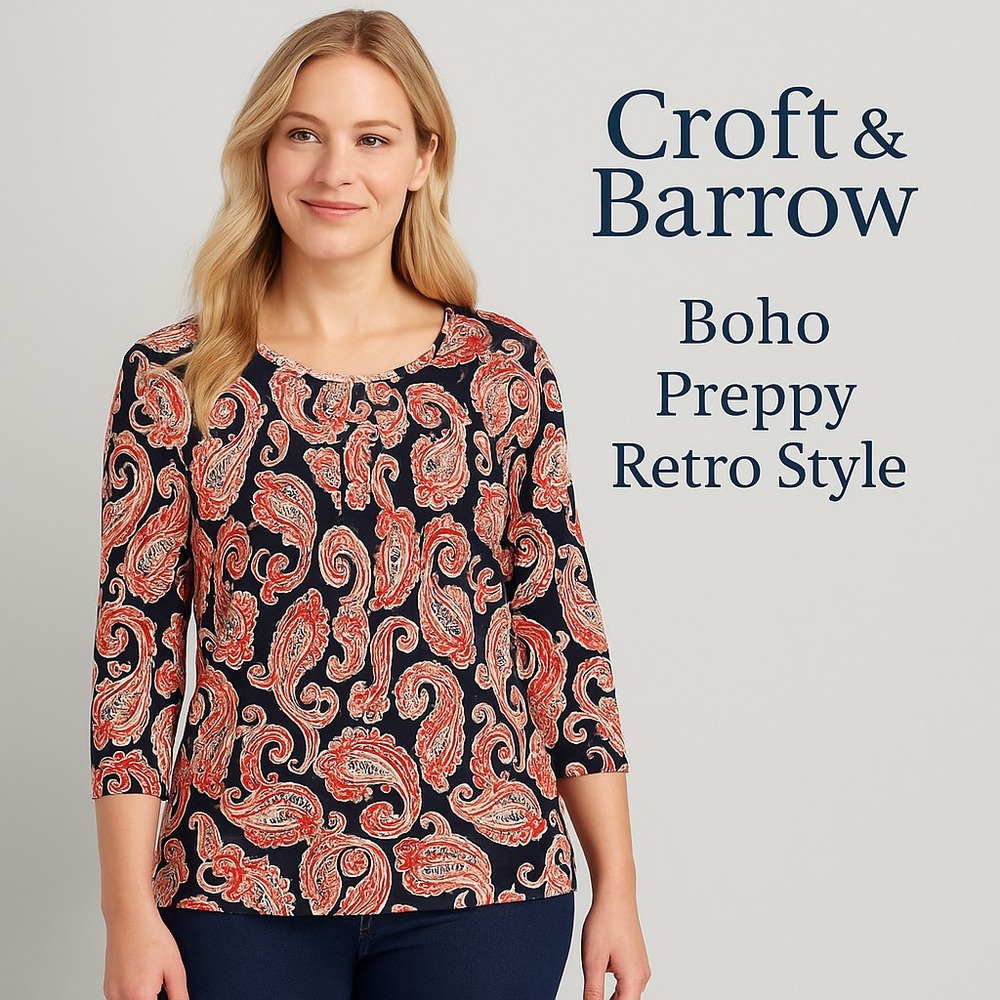 Croft & Barrow Women's Sz 2XL Paisley Top Boho Preppy Navy Coral Pink 3/4 Sleeve